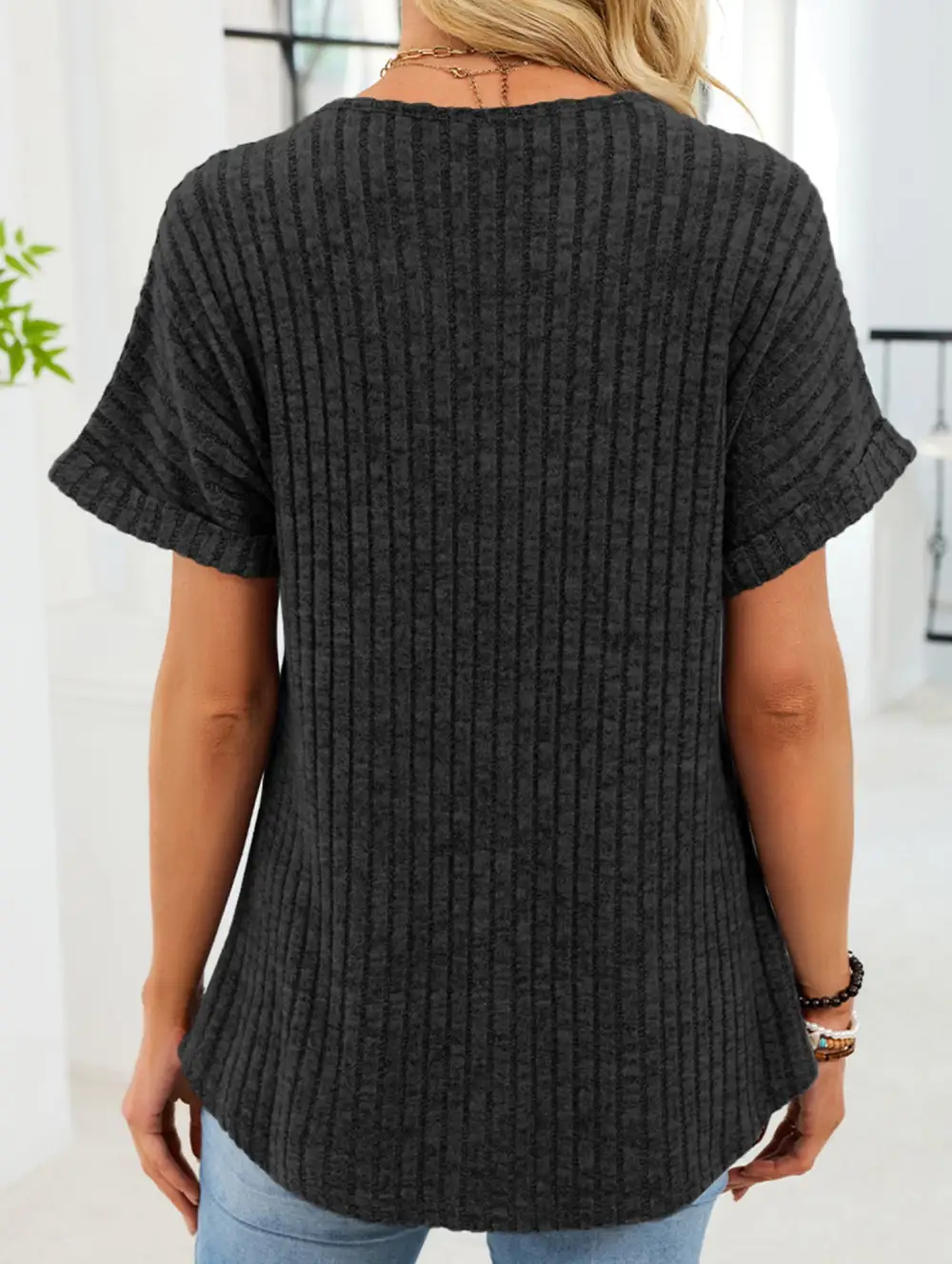 V Neck Button Front Loose Ribbed Tee