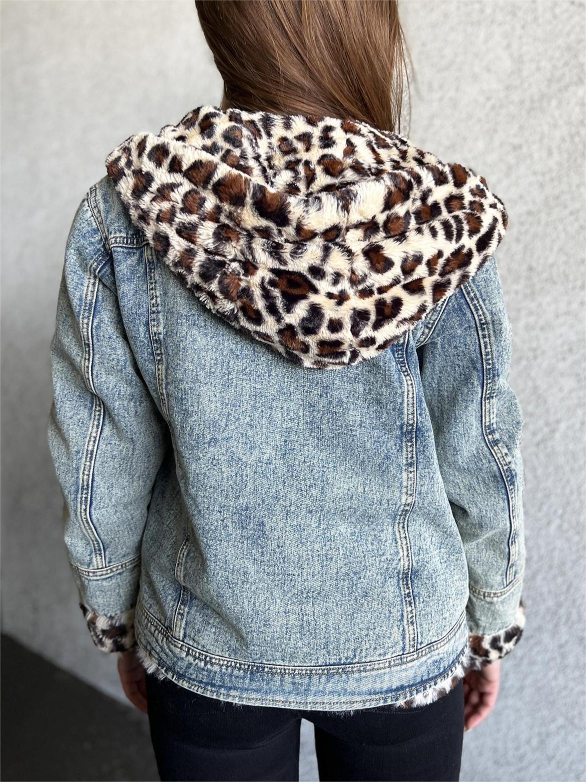 Denim Jacket with Leopard Fur Collar