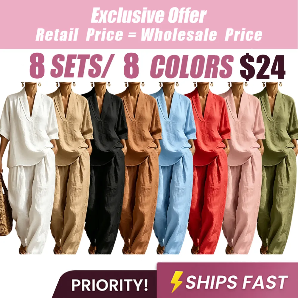 2026 New Relaxed Henley Top and Wide-Leg Pants Co-Ord Set