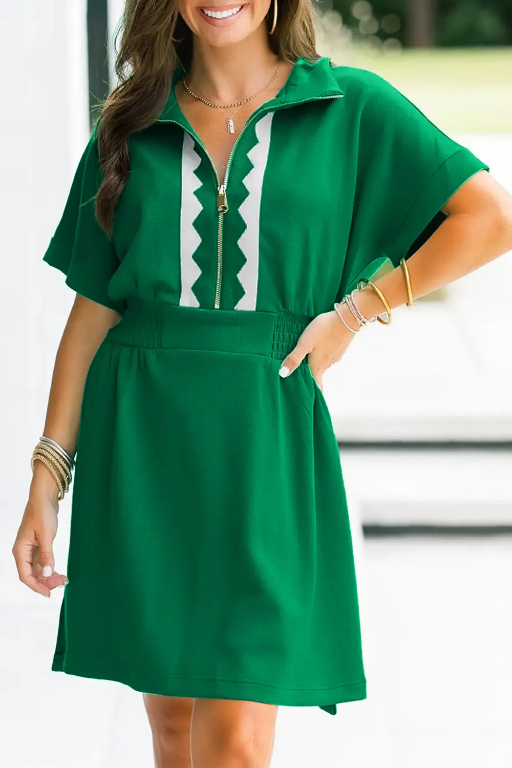Bright Contrast Patchwork Half Zip Elastic Waist Short Sleeve Mini Dress