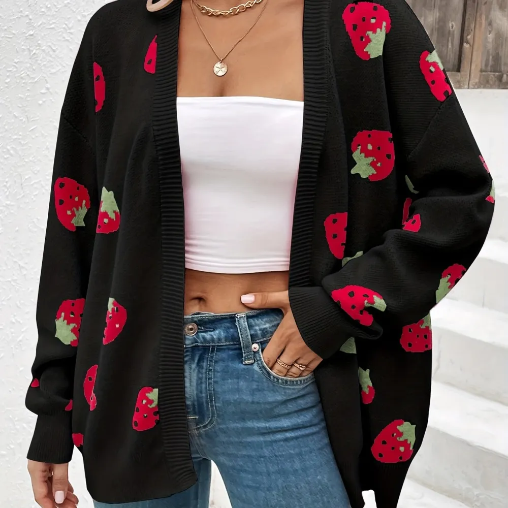 Elegant Long Sleeve Strawberry Pattern Open Front