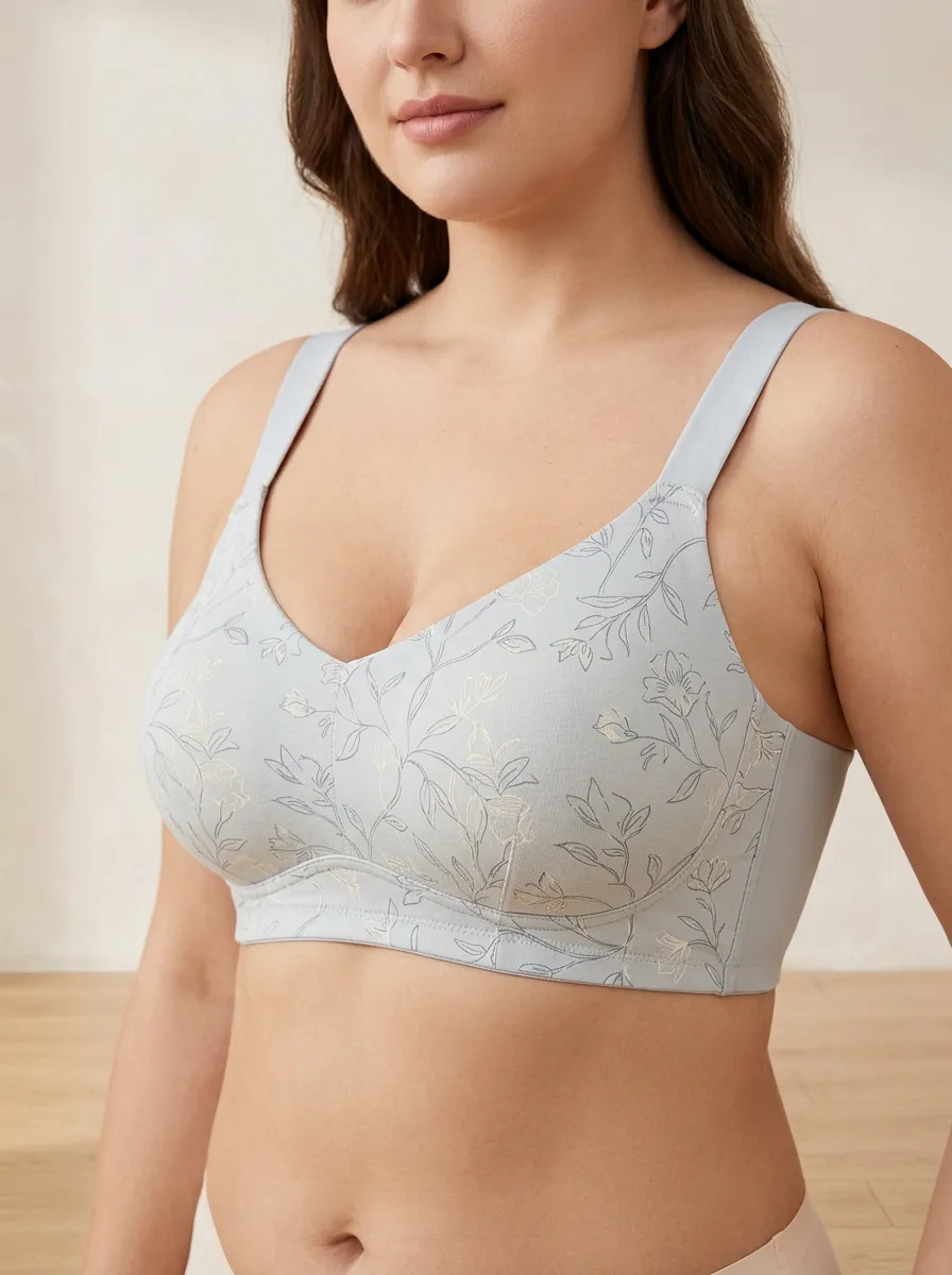 Women's Plus Size Light Blue Floral Outline Full-Coverage V-Neck Wireless Bra