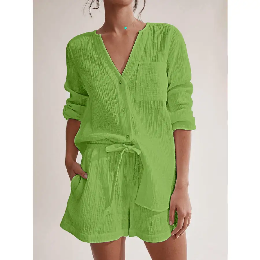 Relaxed Notched Long Sleeve Top and Shorts Set