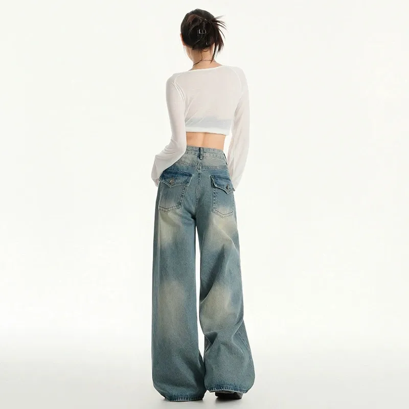 Vintage Wash High Waist Distressed Wide Leg Jeans