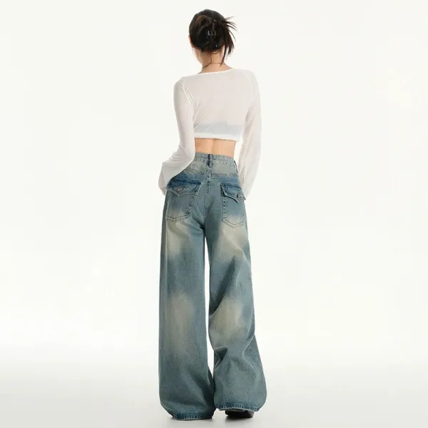 Vintage Wash High Waist Distressed Wide Leg Jeans