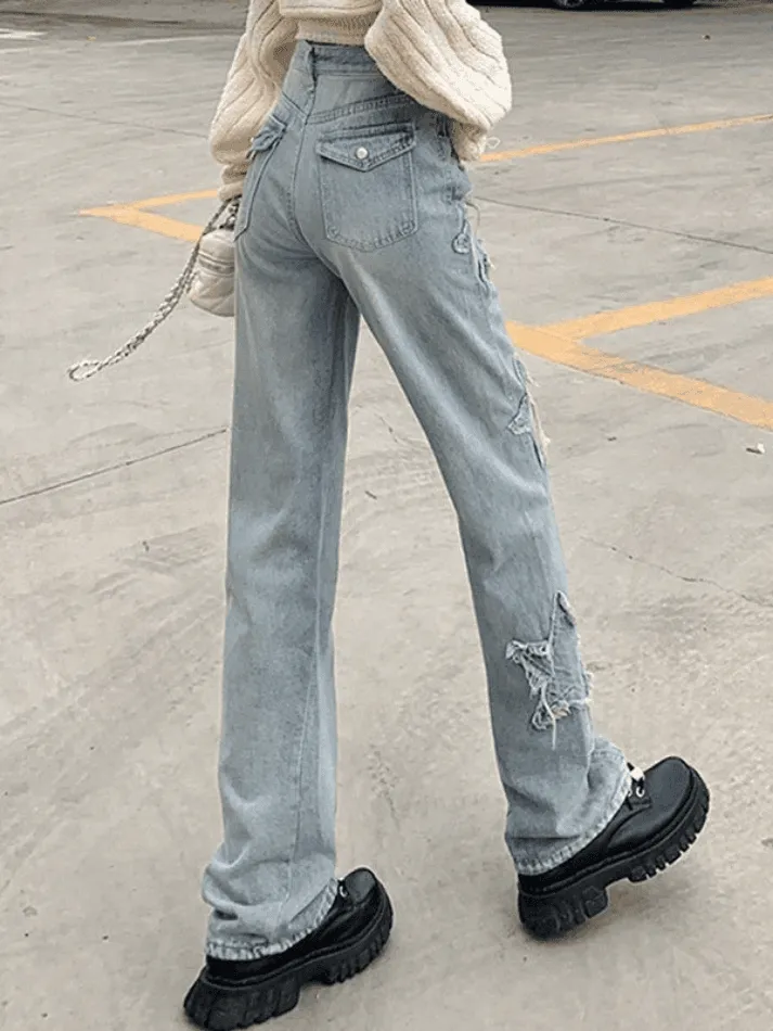 Vintage Distressed Star Patch Boyfriend Jeans