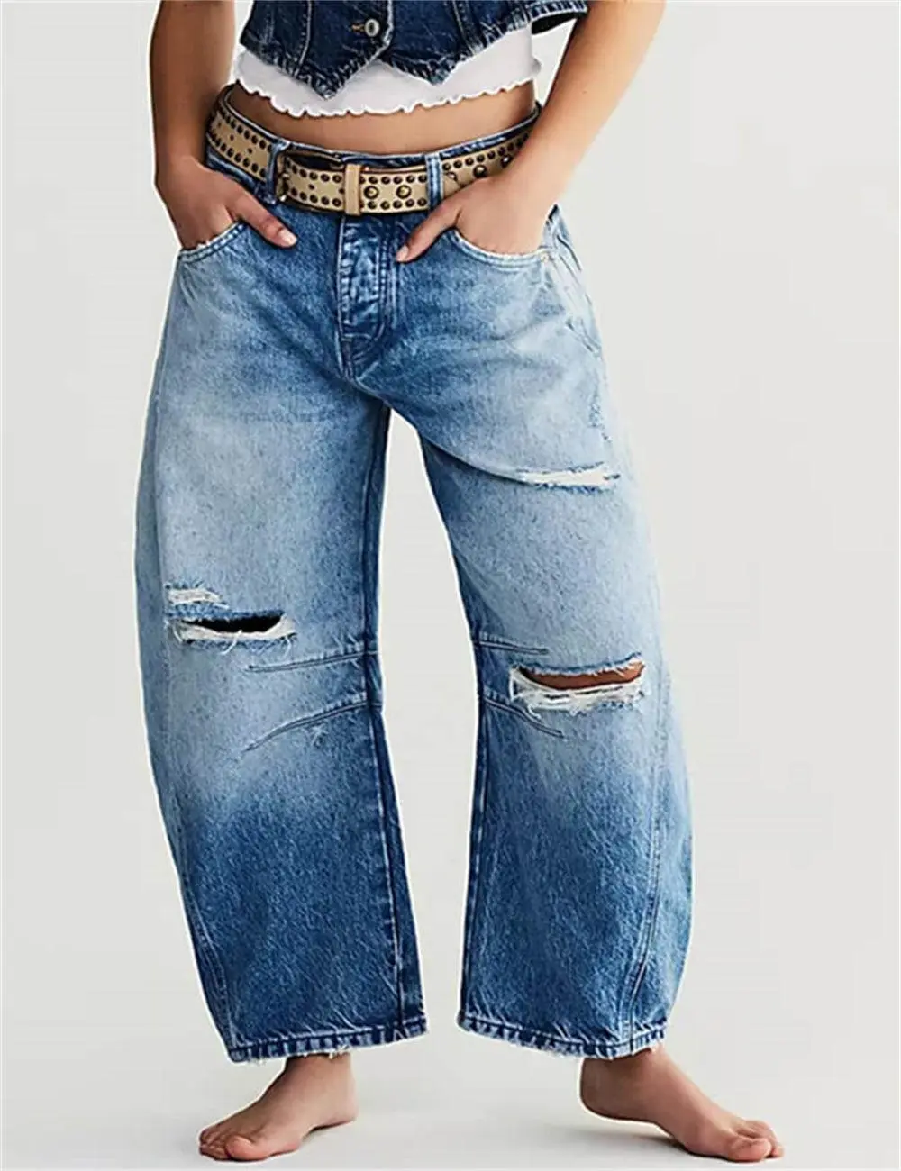 Mid Rise Wide Leg Jeans Barrel Denim Pants