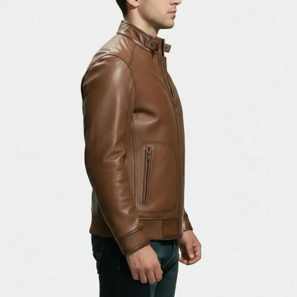 Leather Biker Motorcycle Banded Collar Jacket