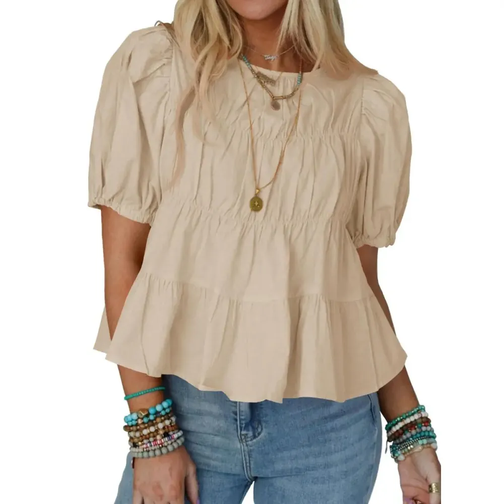Womens Puff Sleeve Peplum Babydoll Tops