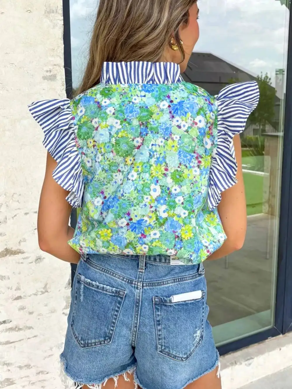 V-Neck Striped Floral Blouse