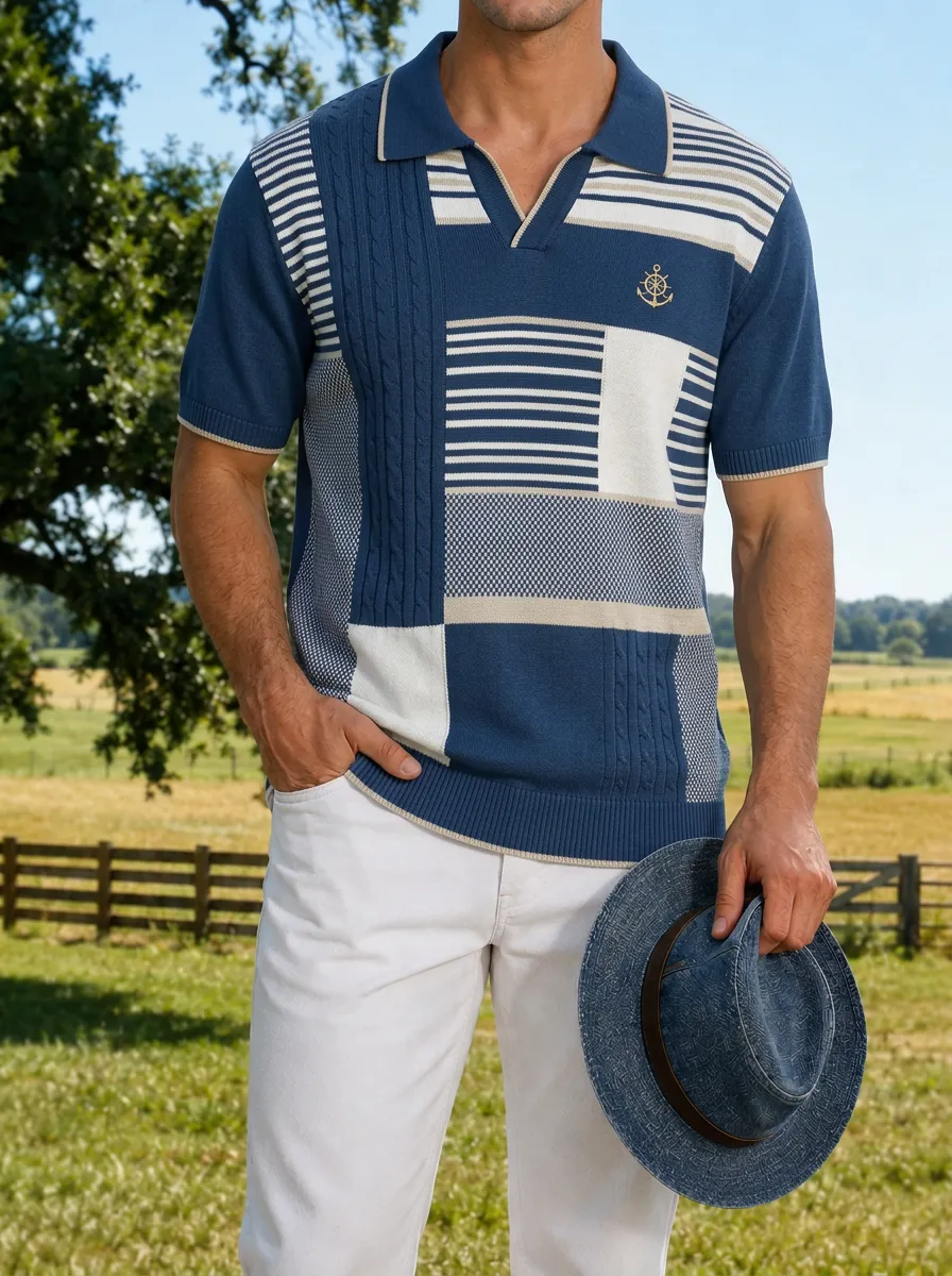 Men's Nautical Theme Anchor Striped Patchwork Knit Polo Shirt