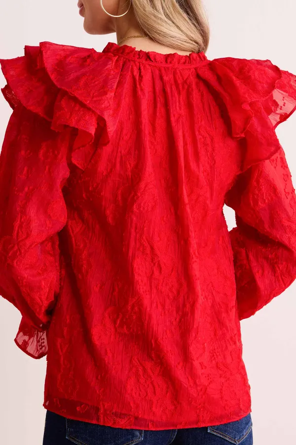 Red Ruffled Sleeve V-Neck Long Sleeve Blouse
