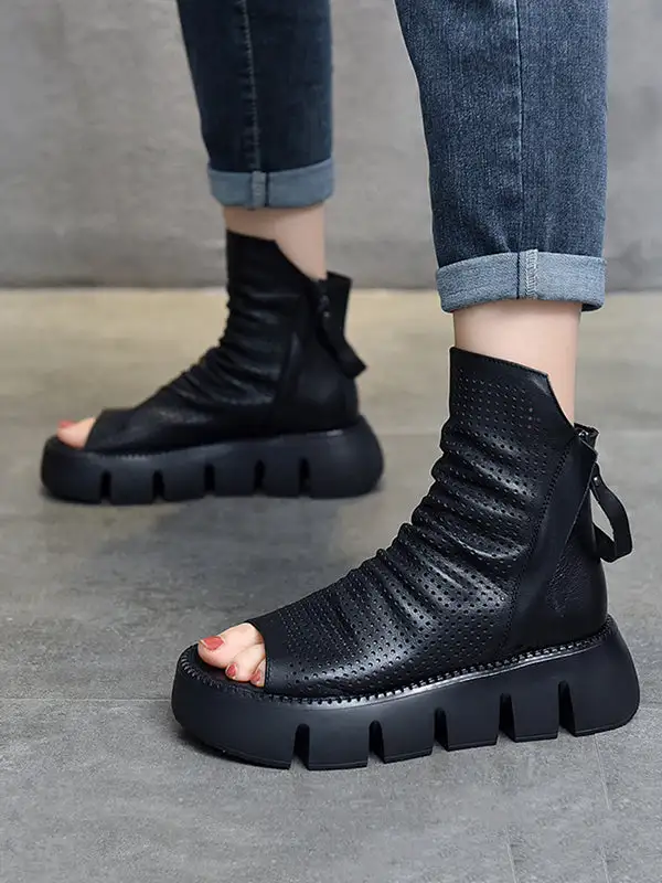 High Top Open-Toe Mesh Zip Platform Heeled Sandals
