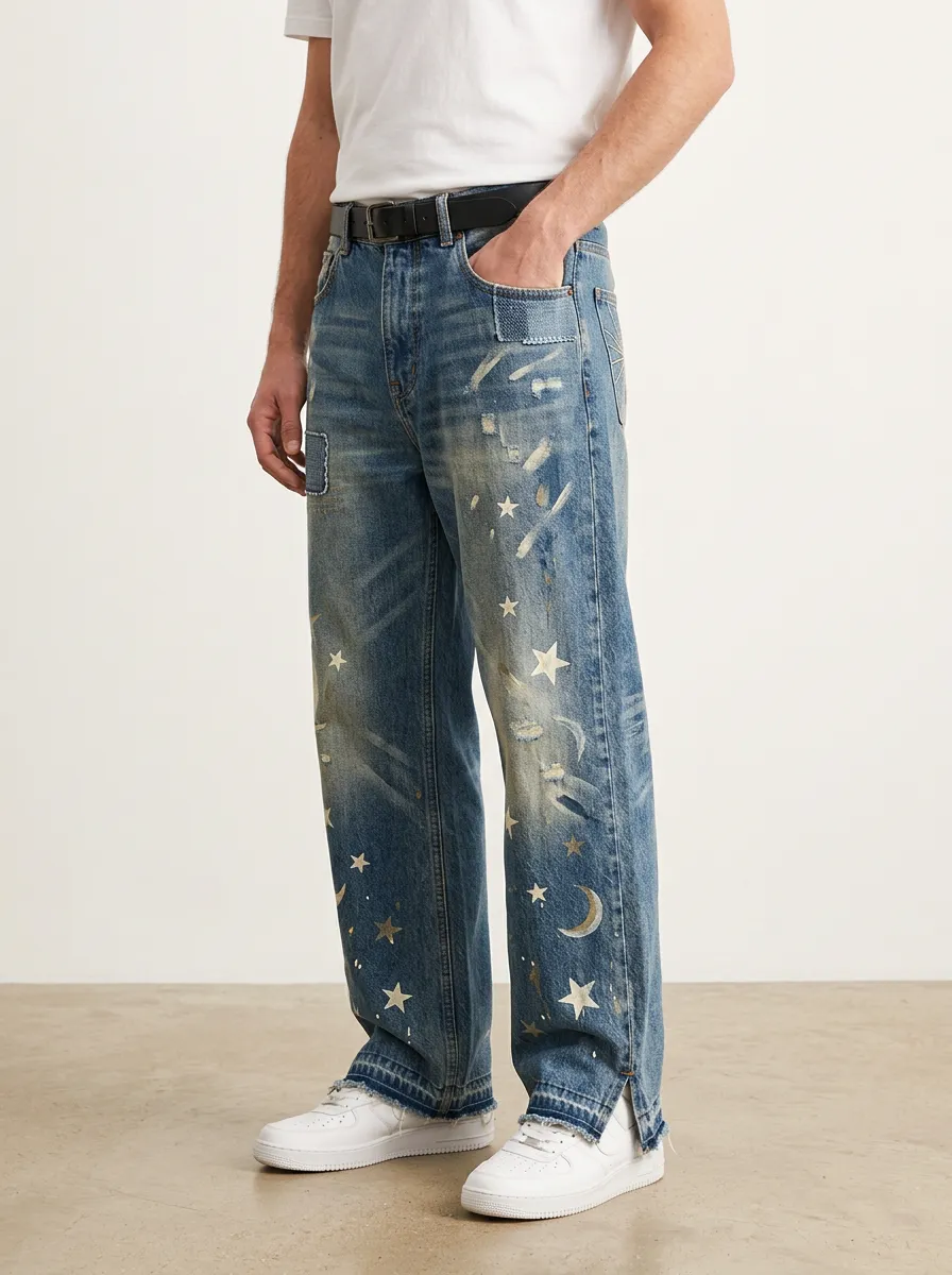 Men's Celestial Distressed Star Wide Leg Jeans