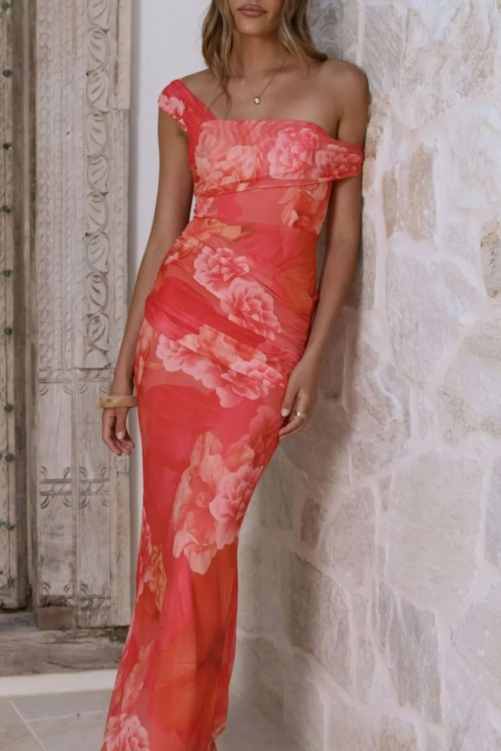 Clean Line Floral Printed Ruched Maxi Dress