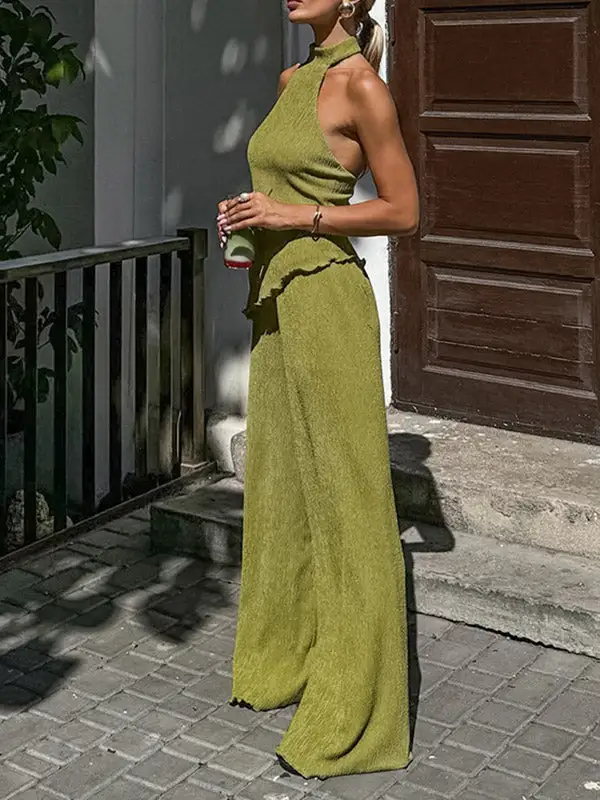Pleated Sleeveless Vest And Pants Set