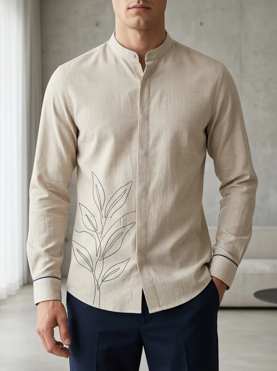 Men's Minimalist Botanical Line Art Printed Slim Fit Shirt