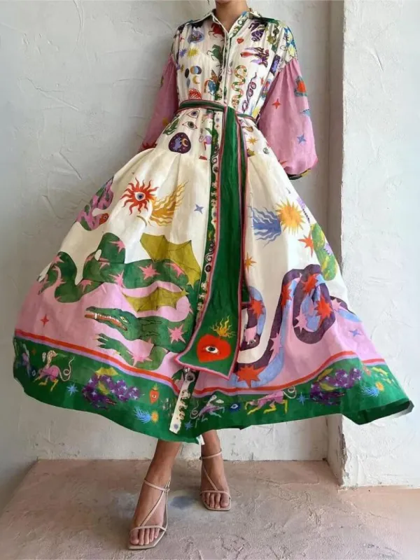 And Beautiful Retro Print Long Sleeve Midi Dress