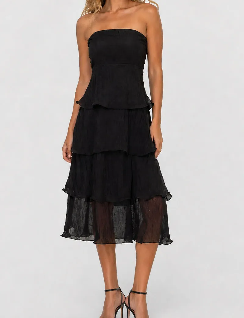 Chic Crinkle Strapless Tiered Ruffle Tube Midi Dress