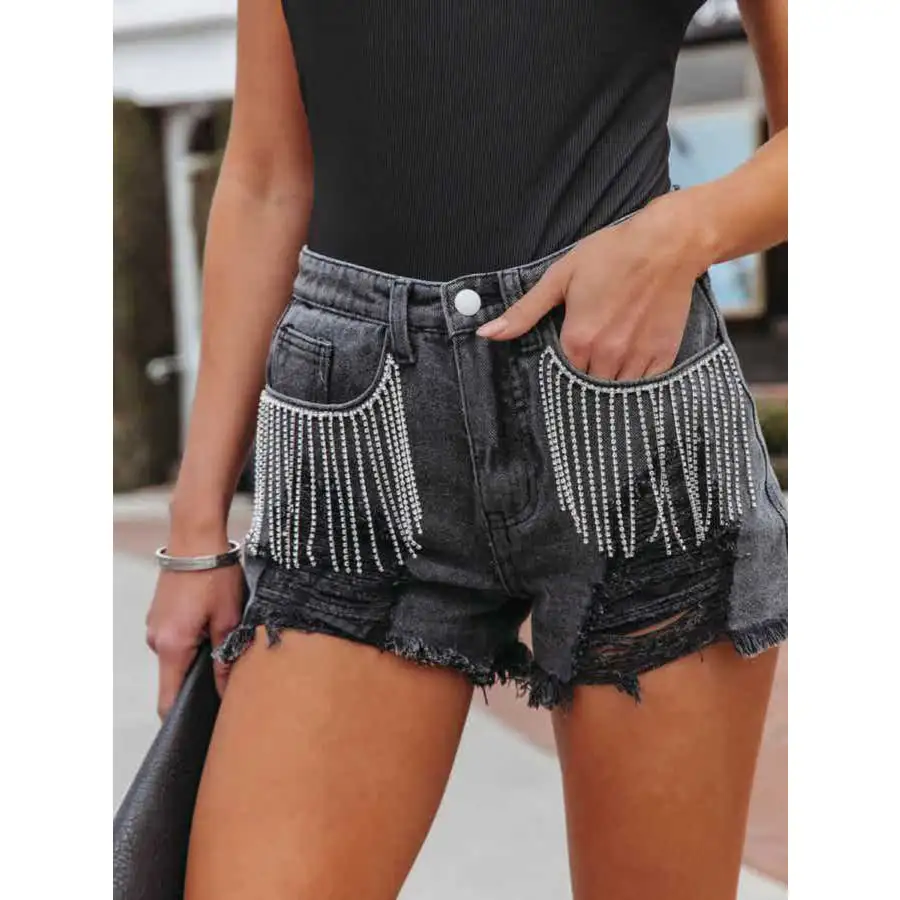 Distressed Fringe Denim Shorts with Pockets