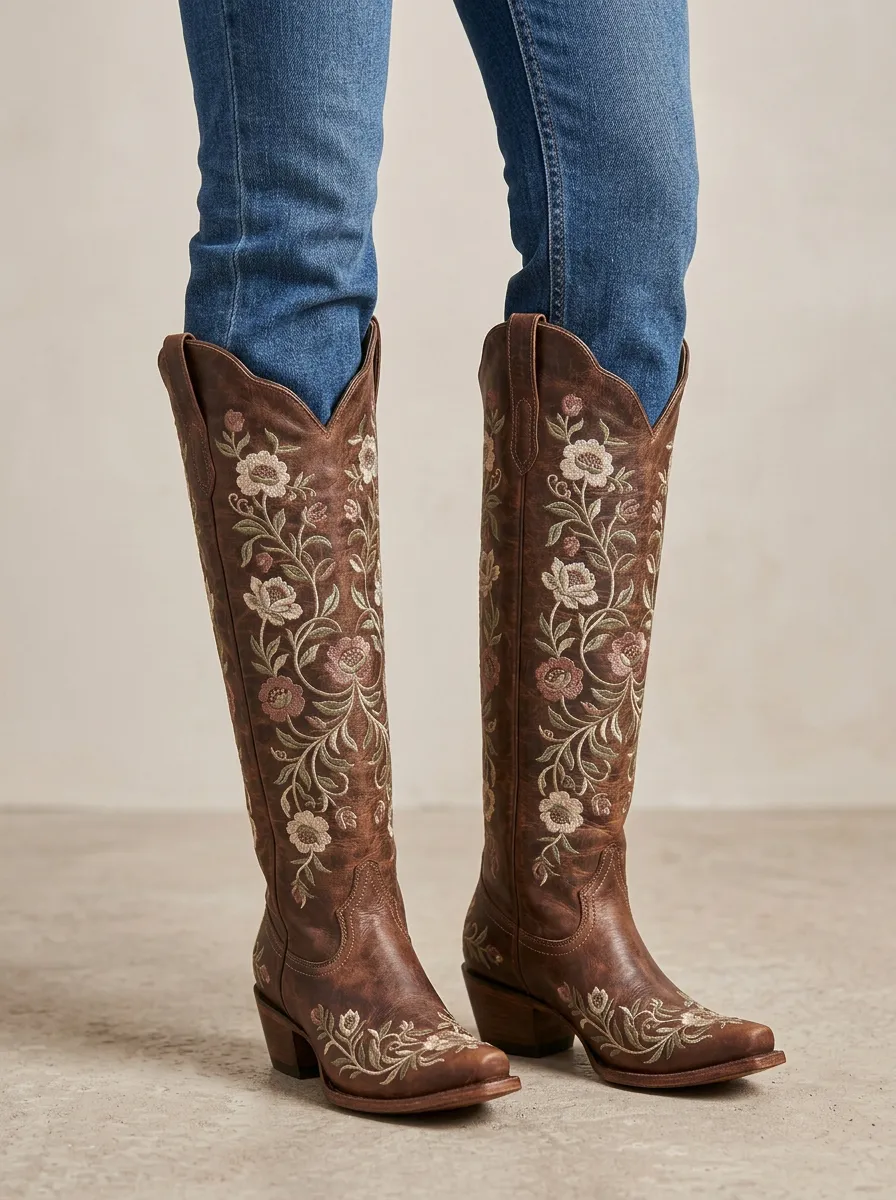 Women's Floral Embroidered Block-Heel Stacked-Heel Pull-On Western Denim Over-the-Knee Boots