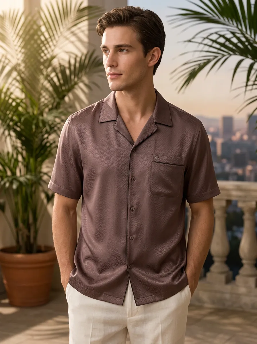 Men's Brown Geometric Jacquard Camp Collar Shirt