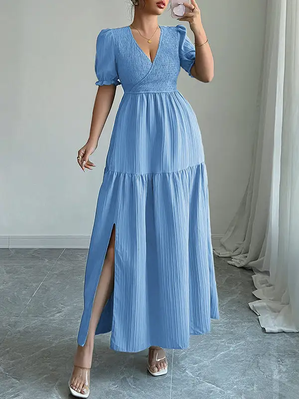 Front Pleated Neck Maxi Dress