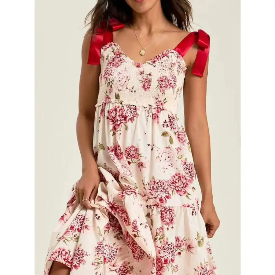 Smocked Tie Shoulder Printed Maxi Dress