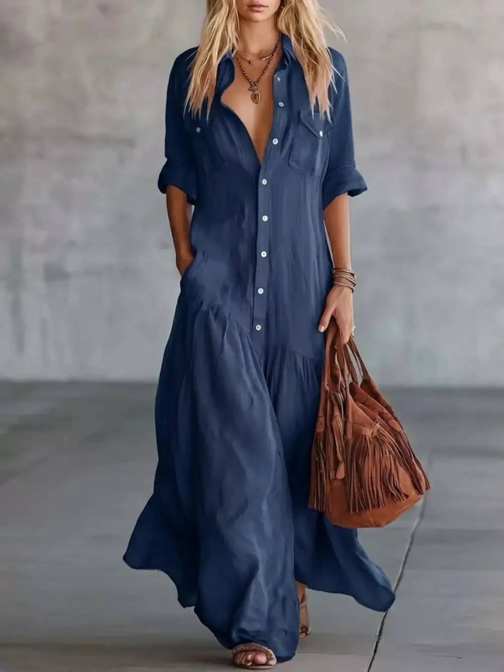 Button Front Roll-Up Sleeve Maxi Dress