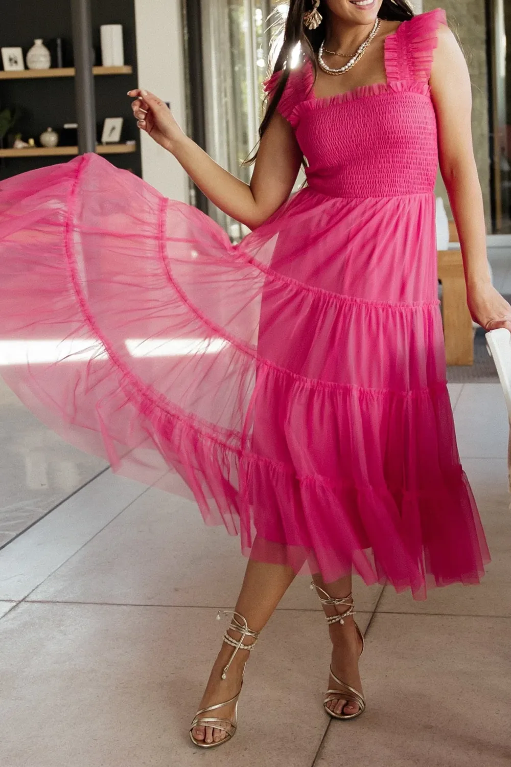 Versatile Fluttering Sleeves Sheer Dress