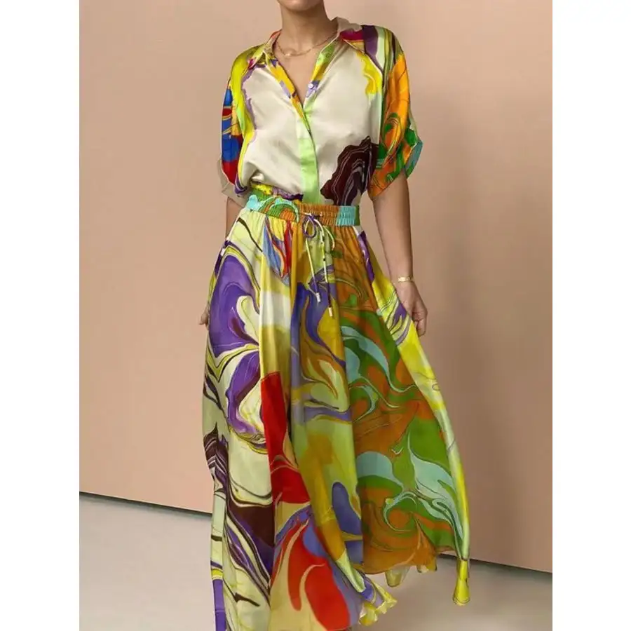 Printed Button Up Shirt and Skirt Set