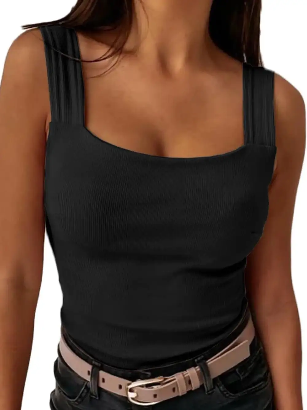 Square Neck Wide Strap Tank Polyester Blend