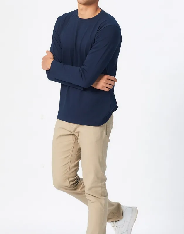 Deep Blue Long Sleeve Cotton Crew Neck T-Shirt