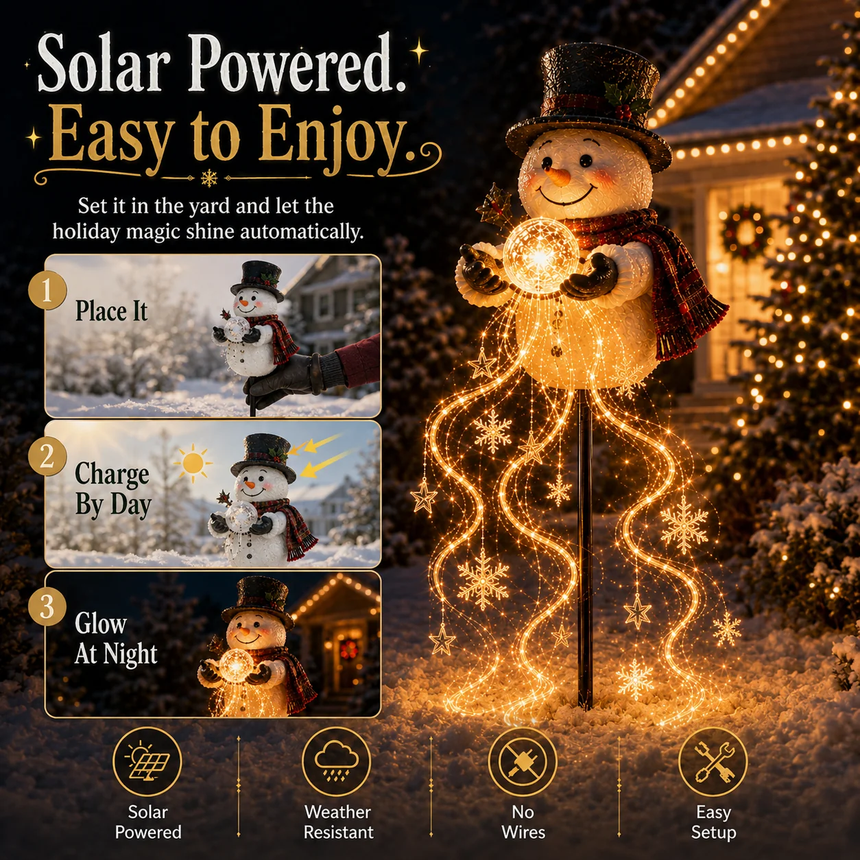 Solar charging and garden stake setup for the snowman light