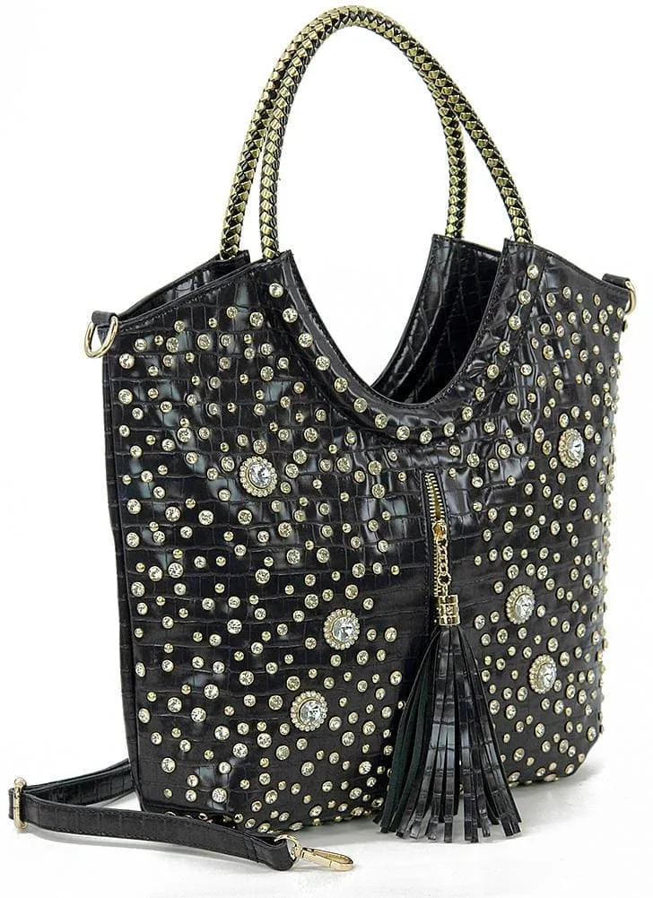 Relaxed Detail Embossed Crystal Accent Pocketed Faux Leather Tote Bag