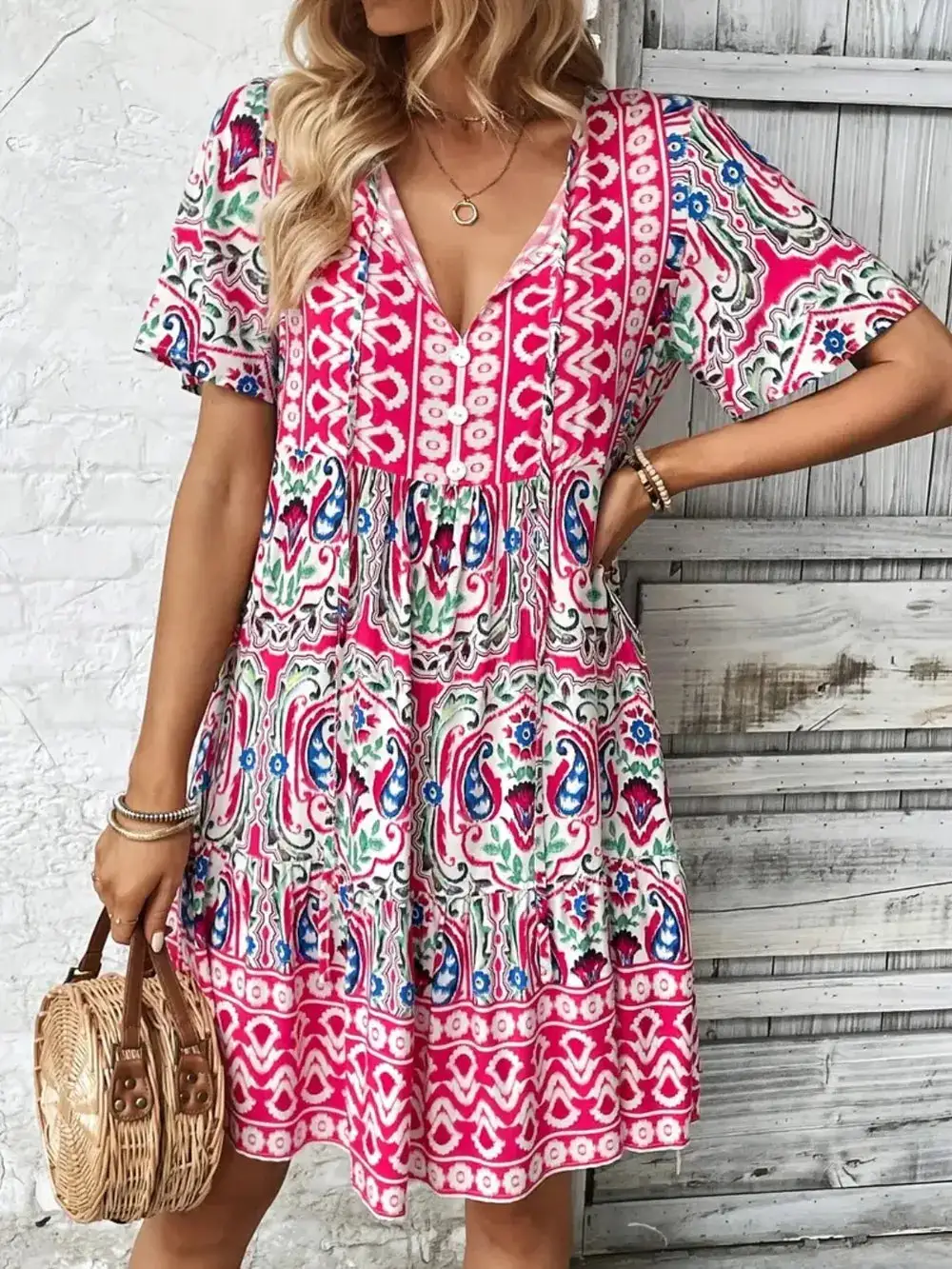 Short Sleeve Printed Midi Dress