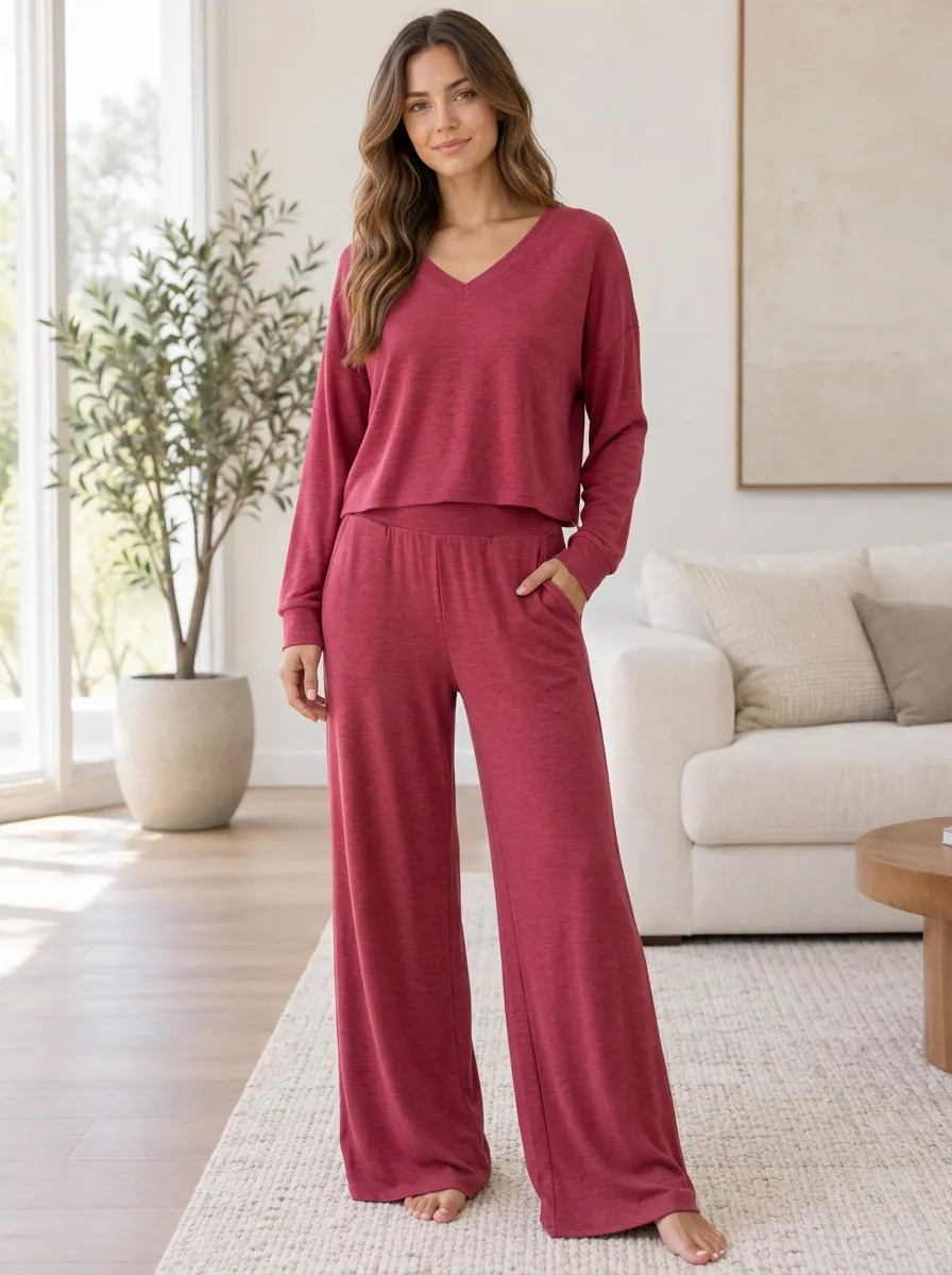 Women's V-Neck Casual Leisure Wide Leg Lounge Co-Ord