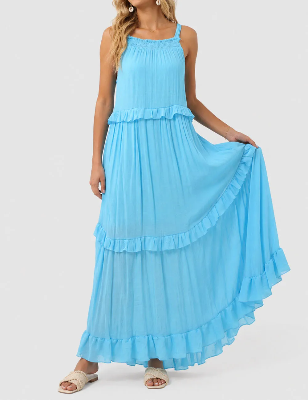 Boho Ruffle Tiered Hem Sleeveless Solid Color Maxi Dress