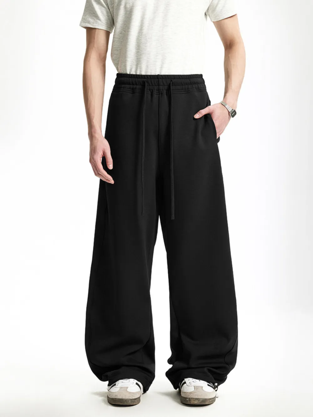 Curved-Leg Relaxed-Fit Drawstring Casual Pants
