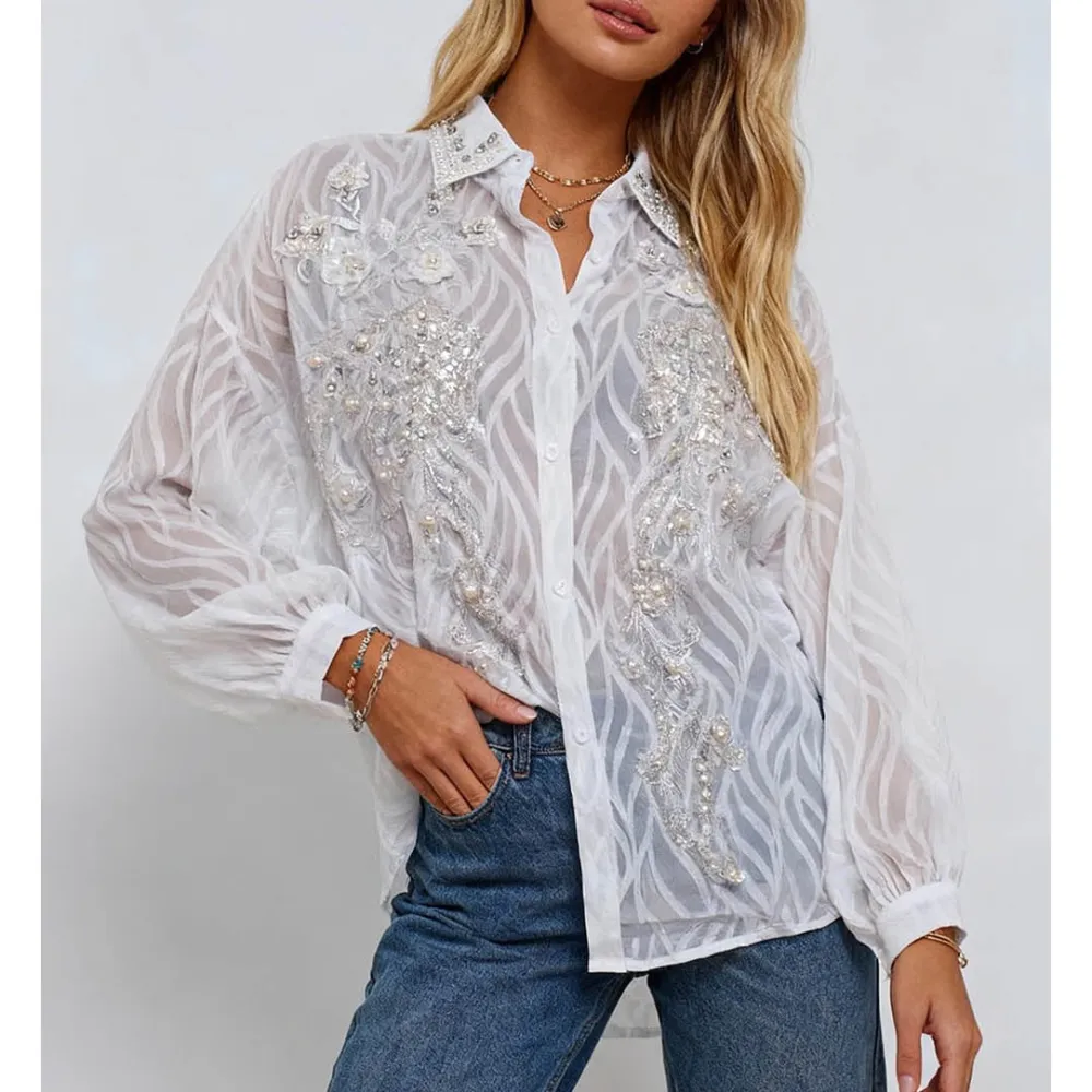 Chic Bead Shirt Collar Lantern Sleeves Jacquard Blouse