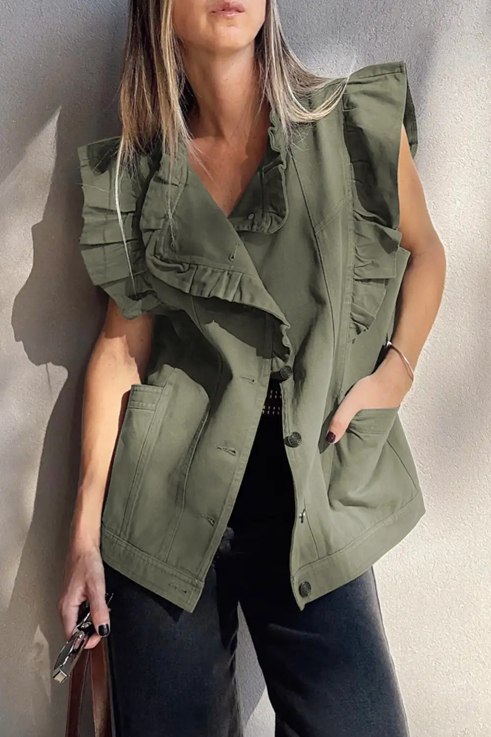 Ruffled Patchwork Cotton Denim Vest