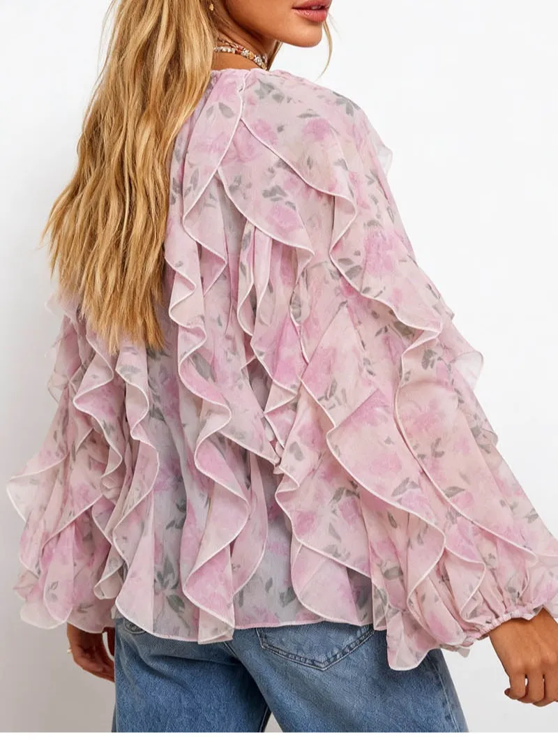 Boho Neck Tiered Ruffle Blouse