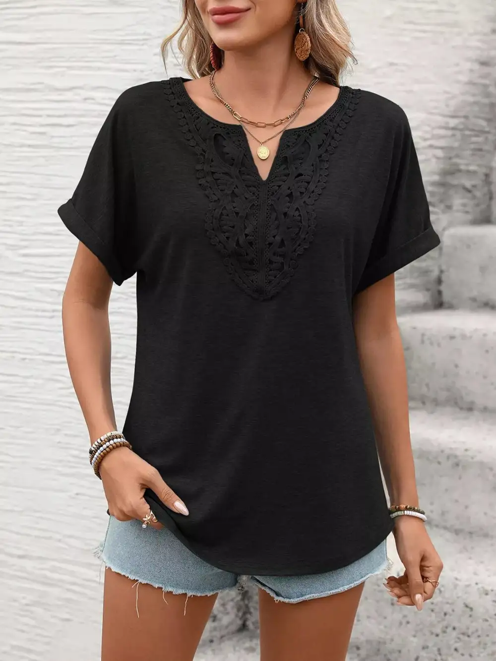 Lace Trim Detail Short Sleeve T-Shirt