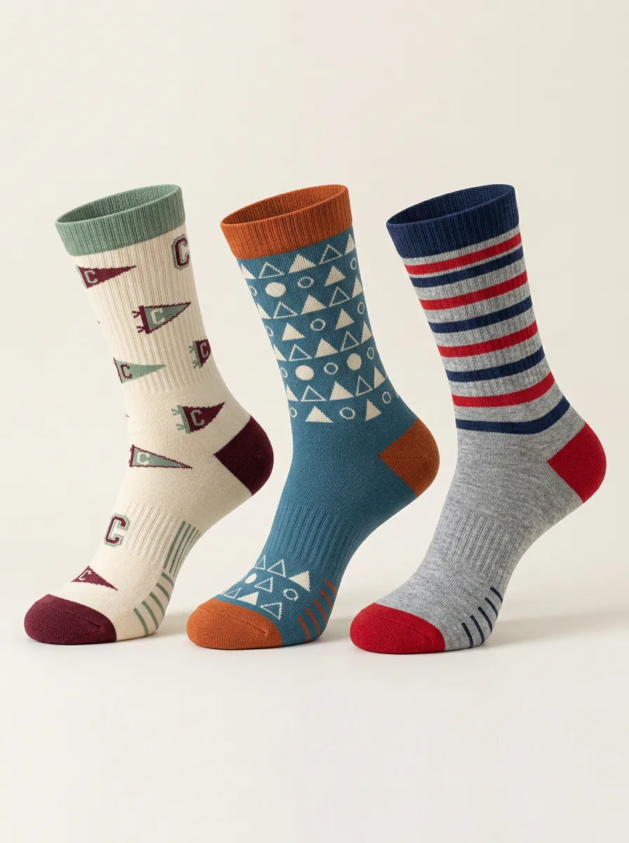 Geometric Striped Pennant 3-Pair Mid-Calf Athletic Socks