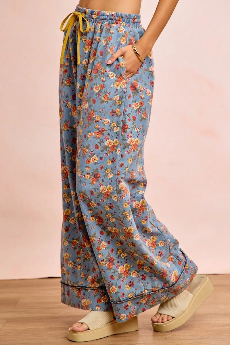 Sequin Floral Print Wide Leg Relaxed Fit Pants