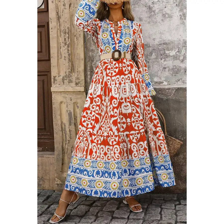 Printed Notched Long Sleeve Maxi Dress