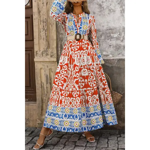Printed Notched Long Sleeve Maxi Dress