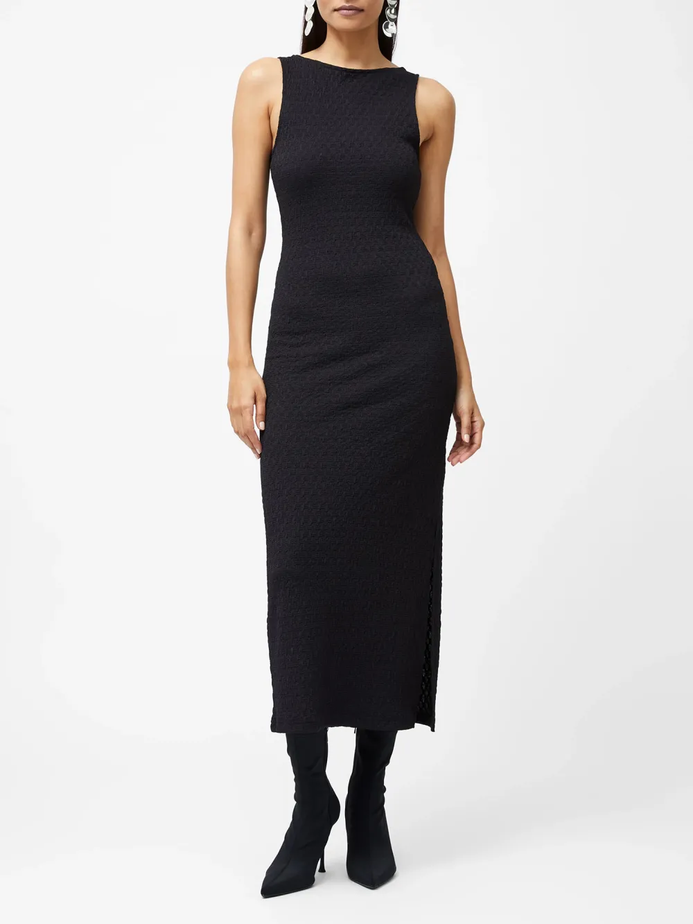 Stylish Textured Boat Neck Collarless Dress