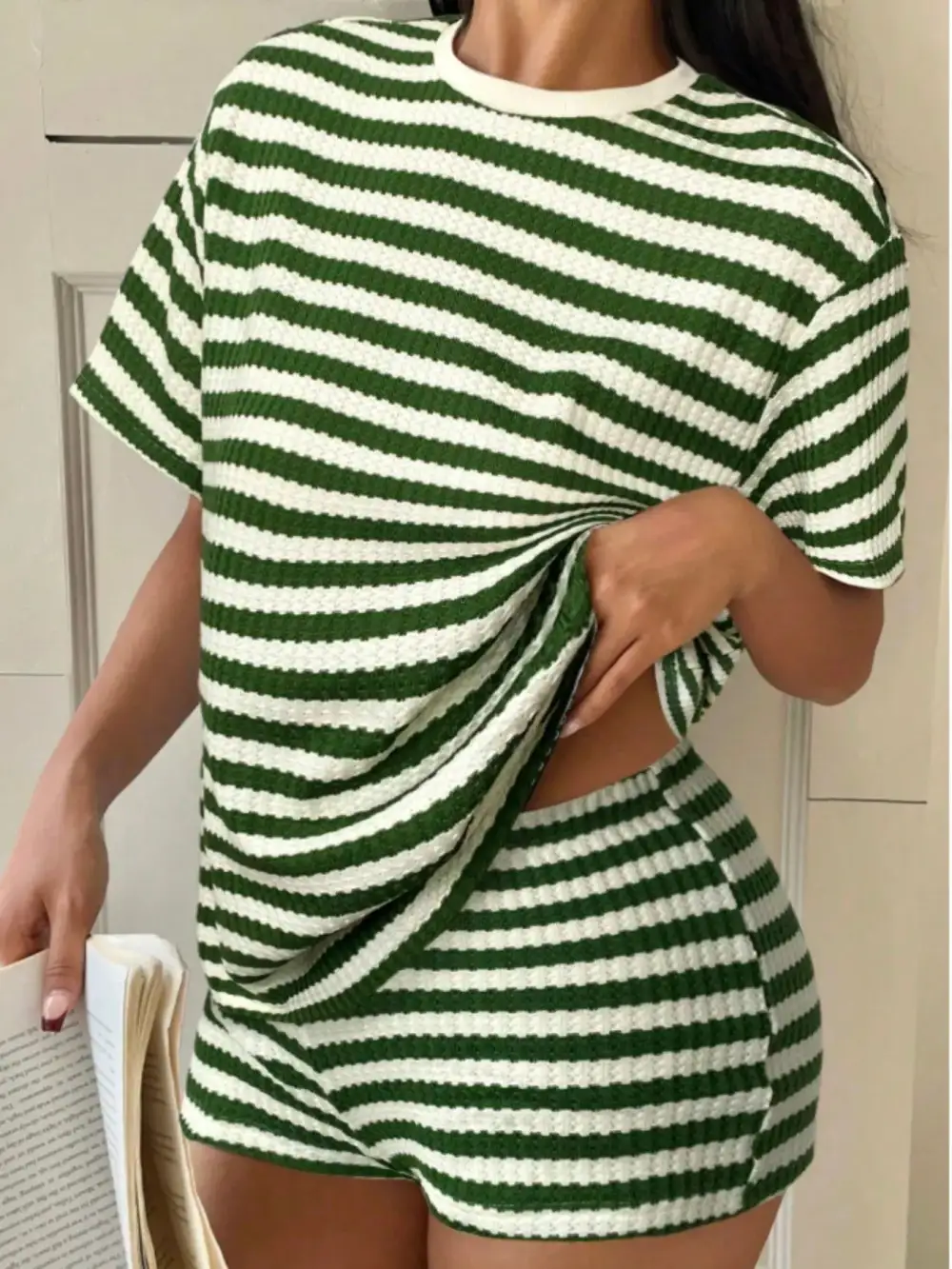 Easy Striped Round Neck Top and Shorts Set