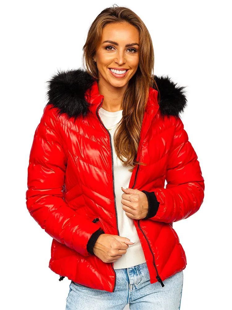 women's red quilted winter jacket with hood